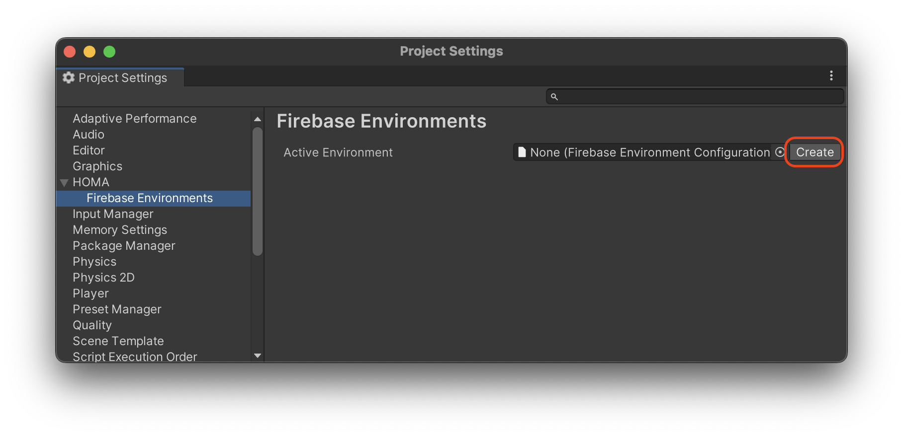 Firebase Environments Window