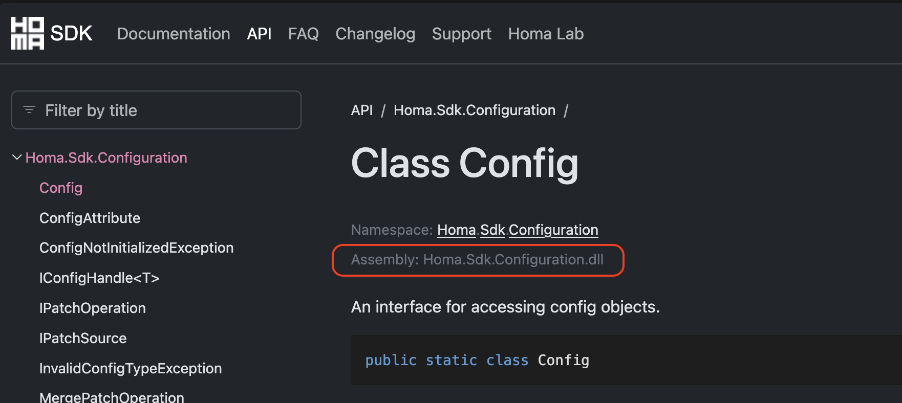 The API documentation page for Config class, with the assembly information highlighted