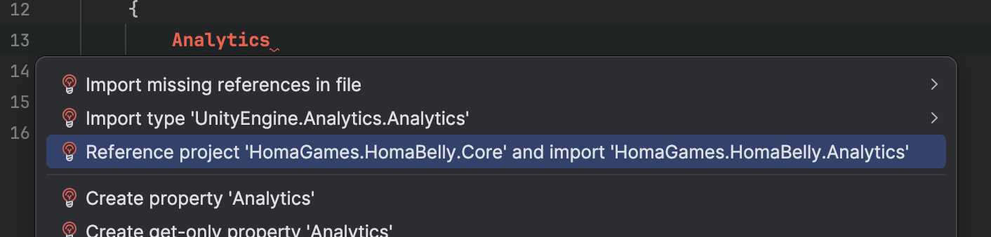 Rider suggesting to reference the HomaGames.HomaBelly.Core assembly to use the Analytics class