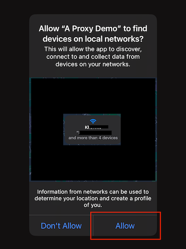 Popup asking for local network access.
