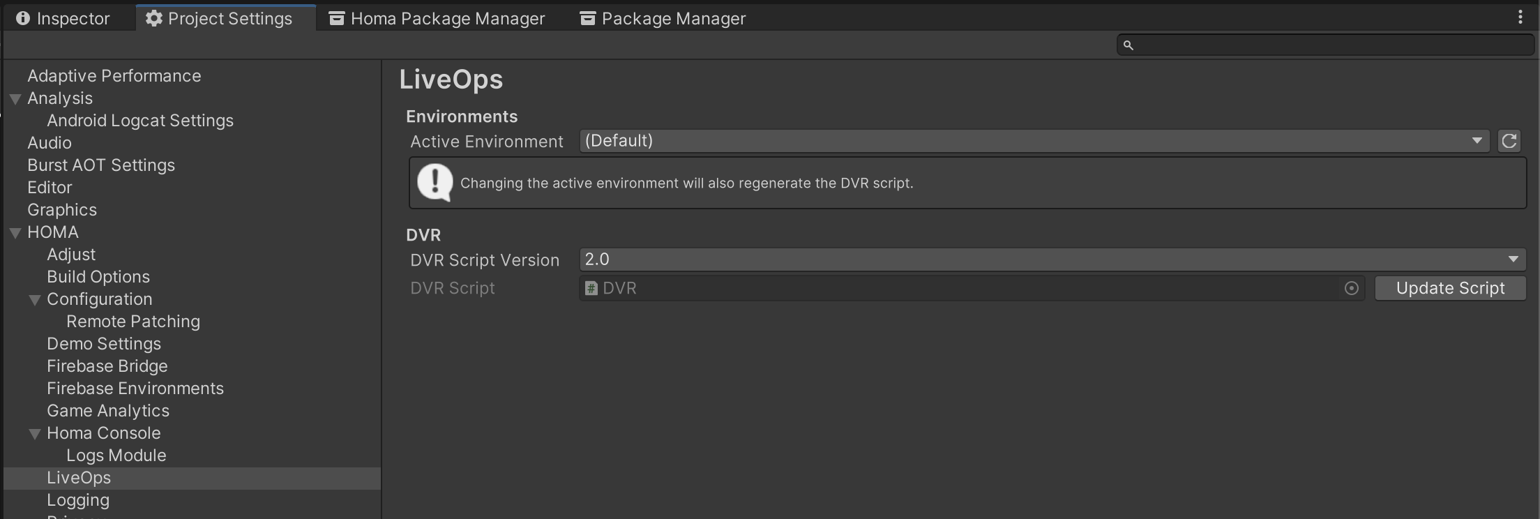 The environment selector in the project settings