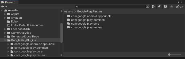 Assets/GooglePlayPlugins folder in Unity project browser